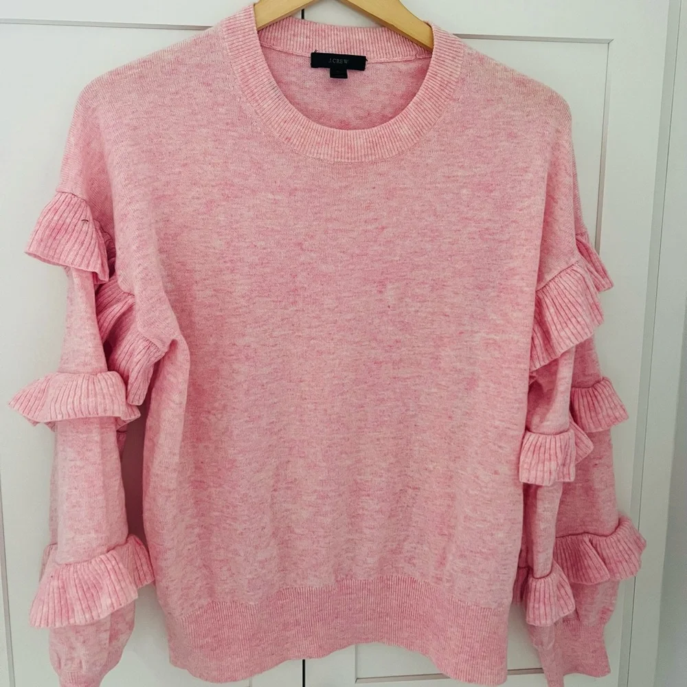 J. Crew Pink Ruffle-Sleeve Crewneck Sweater